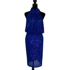 Eliza J Sequinned Dress Womens Small‎ Sleeveless High Neck Cocktail Cobalt
